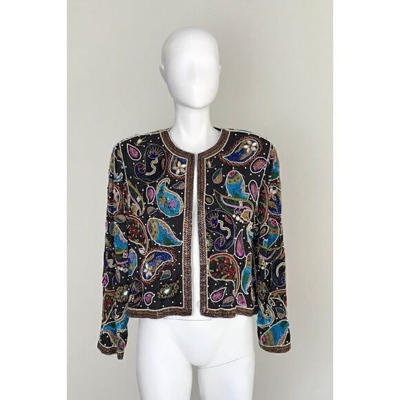 Vintage Frank Usher 70s 80s Black Sequin Beaded Silk Cardigan Jacket - Picture 3 of 13